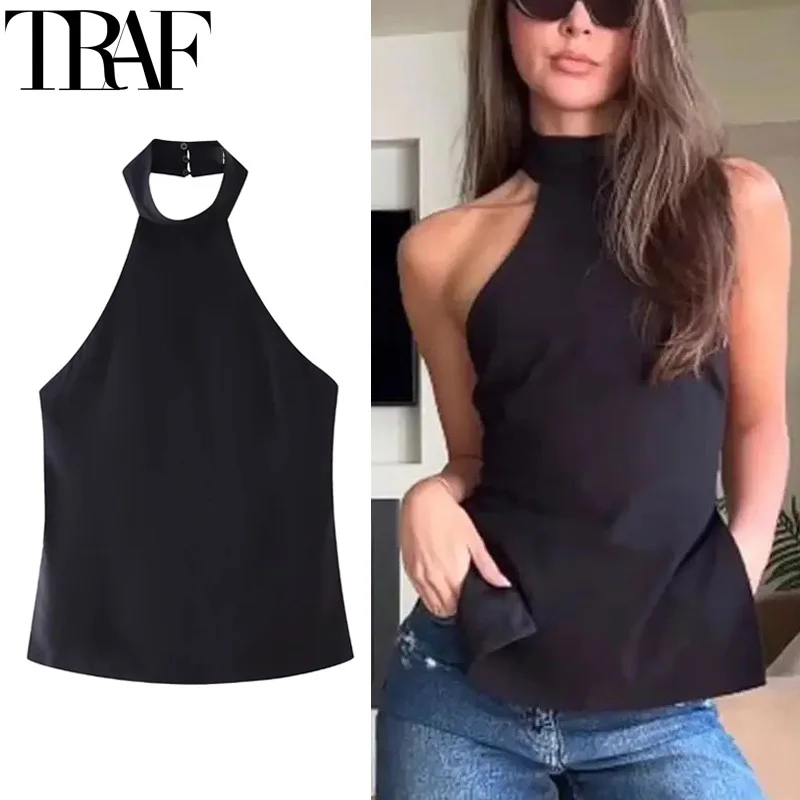 TRAF Halter Crop Tops Women 2024 Off Shoulder Black Tank Top Woman Summer Buckle Backless Top Sleeveless Short Tops Streetwear