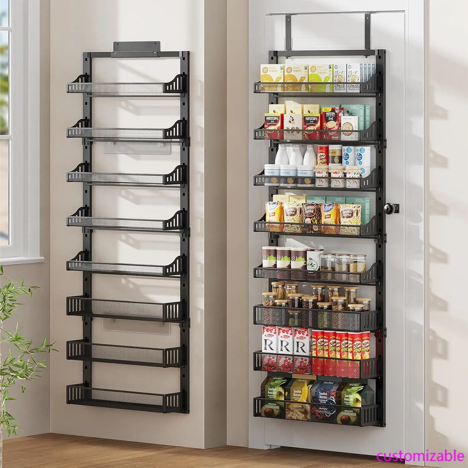 8-Tier Over the Door Pantry Organizer, Large Metal Door Spice Rack with Adjustable Basket, 2 in 1 Wall Mount or Hanging Heavy