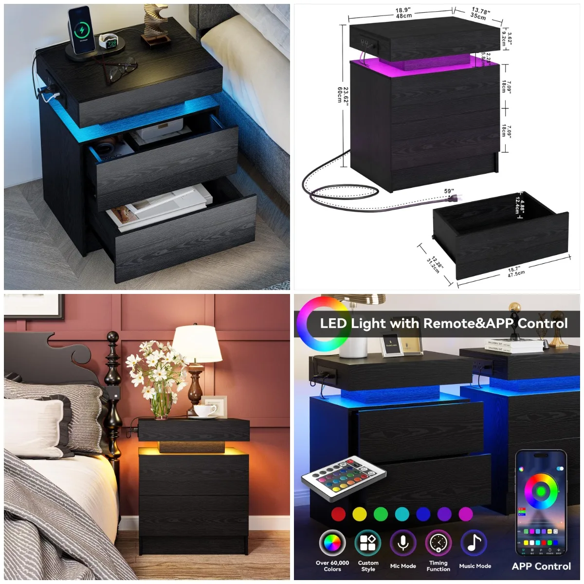 

Modern Black Nightstand with LED Light, Drawers & Charging Station – Bedside Table