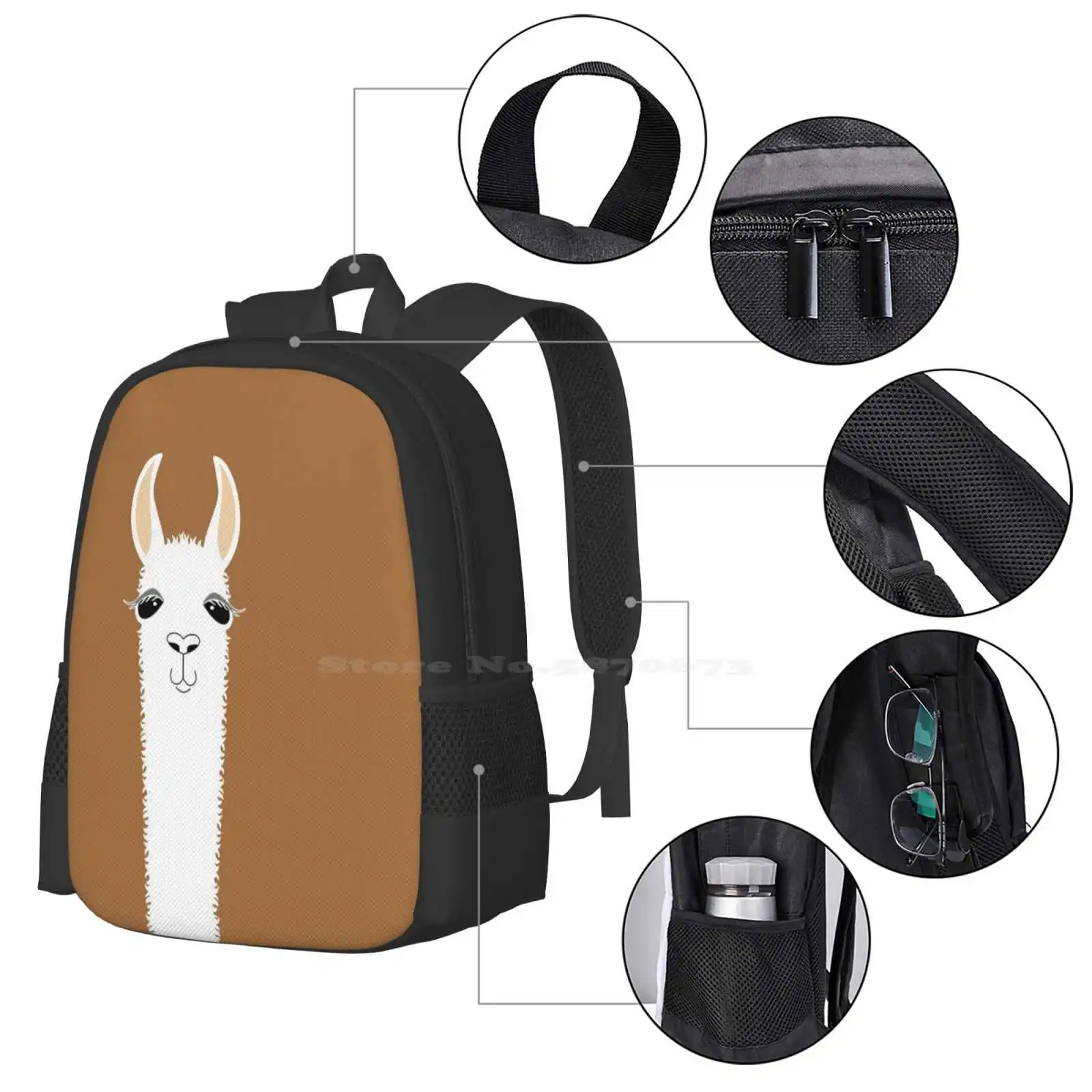 CreMoby-Cartable avec portrait de lama, sac à dos, sacs à la mode, alpaga graphique, mammifères, animaux, marron, blanc, noir, offre spéciale, #9