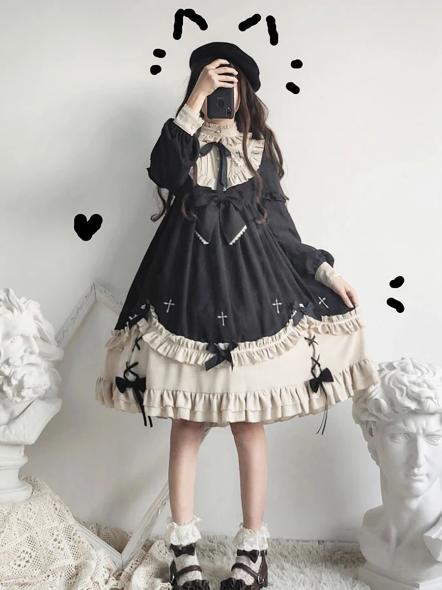 Large Size Lolita Op Dresses Japanese Sweet High Collar Long Sleeve Bowknot Ruffles Embroidery Cross Oversize Long Dress Women