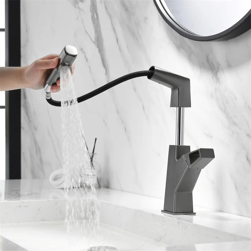 Bathroom gun gray washbasin faucet hot and cold water pull belt lifting rotary telescopic bathroom basin washbasin faucet