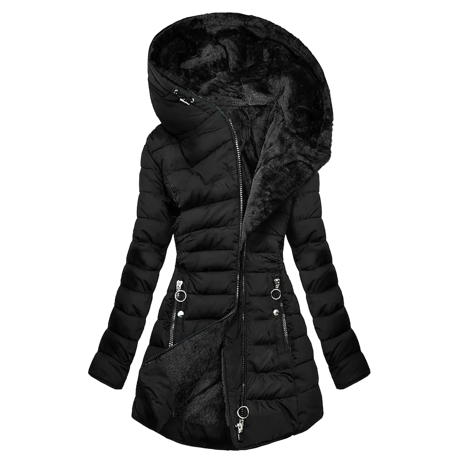 Autumn Winter Women Mid Length Puffer Jackets Solid Color Zipper Long Sleeve Thermal Parka Female Outerwear Fleece Hooded Coat