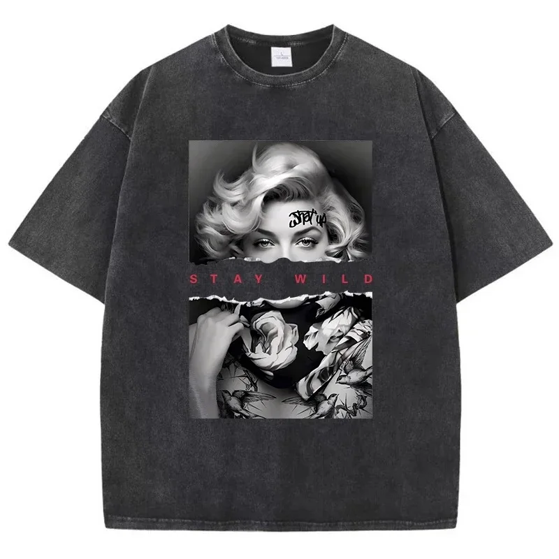 

Washed European Style Fashion Portrait Print Short Sleeved Round Neck Y2k Tshirt Men New in Top & Tees Mens T-Shirt