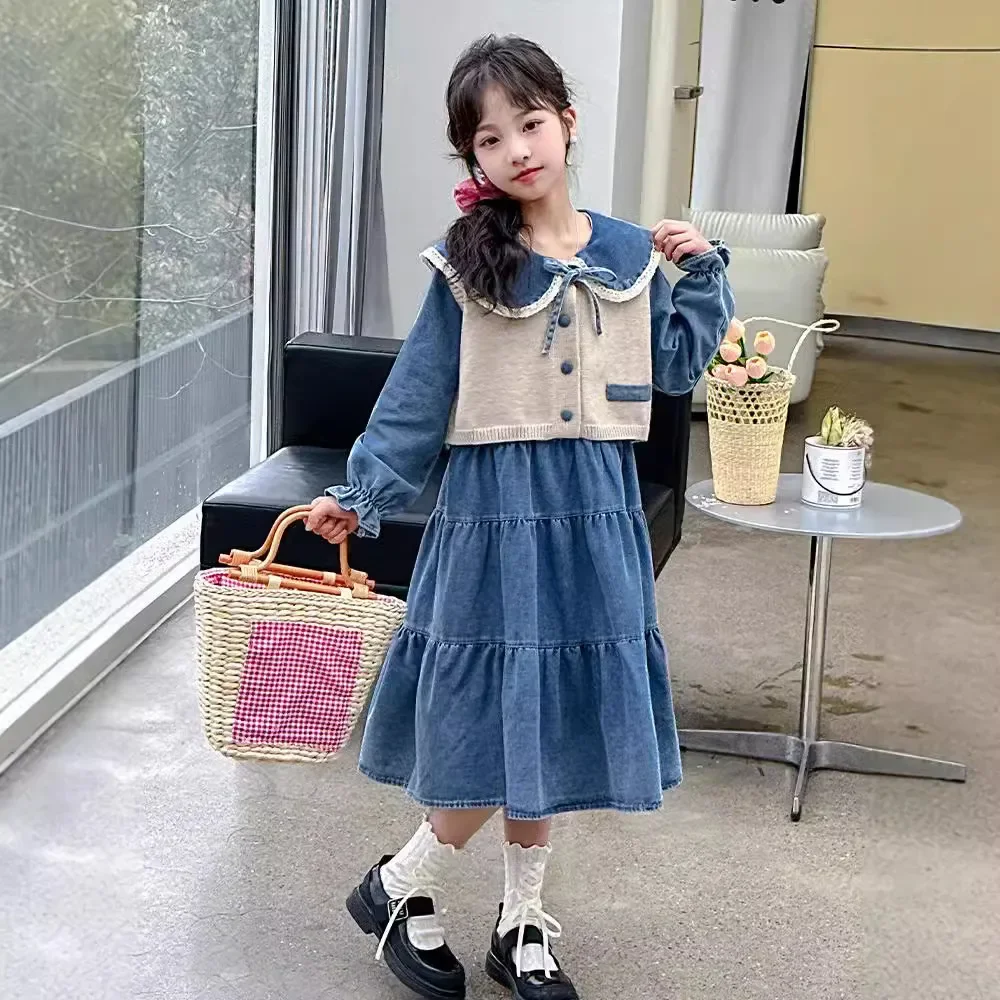 

Girls Suits Denim Dress Autumn 2024 New Style Girl Spring and Autumn Vest Set Two-piece Set Clothes Korean Simple Style