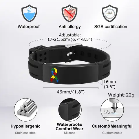 Vnox 12mm/16mm व्यक्तिगत ऑटिज़्म जागरूकता ब्रेसलेट, पुरुषों और महिलाओं के लिए कस्टम मेडिकल अलर्ट ID ब्रेसलेट, एंटी-लॉस्ट एडजस्टेबल ब्रेसलेट 6 best sales चिकित्सा कंगन - №2