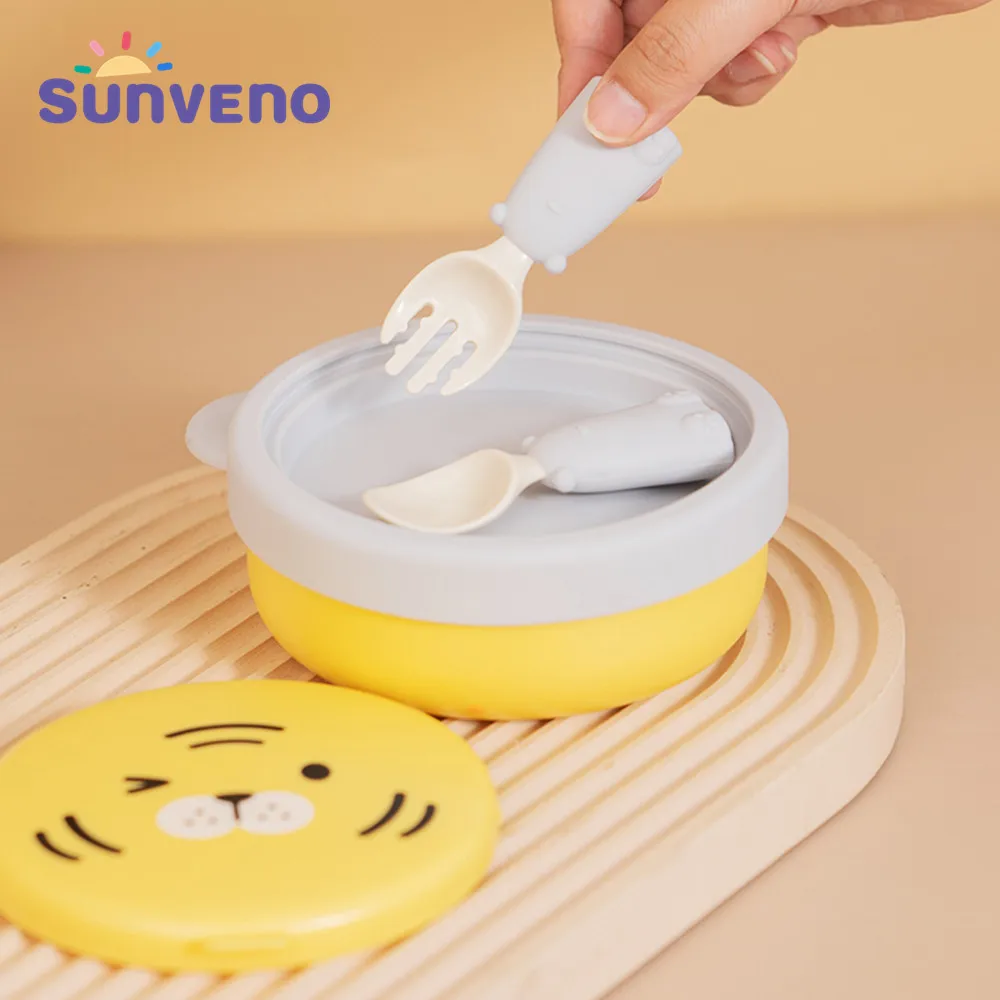 Sunveno 6in1 Travel Baby Feeding Set Portable Bowl Set Spoon Fork 0-6years PP+Food Grade Silicone Material Kids Picnic Tableware