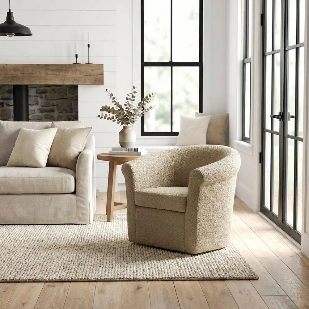 Boucle Swivel Accent Chair 360 Base, Living Room Bedroom Lounge Armchair, Camel, Customized