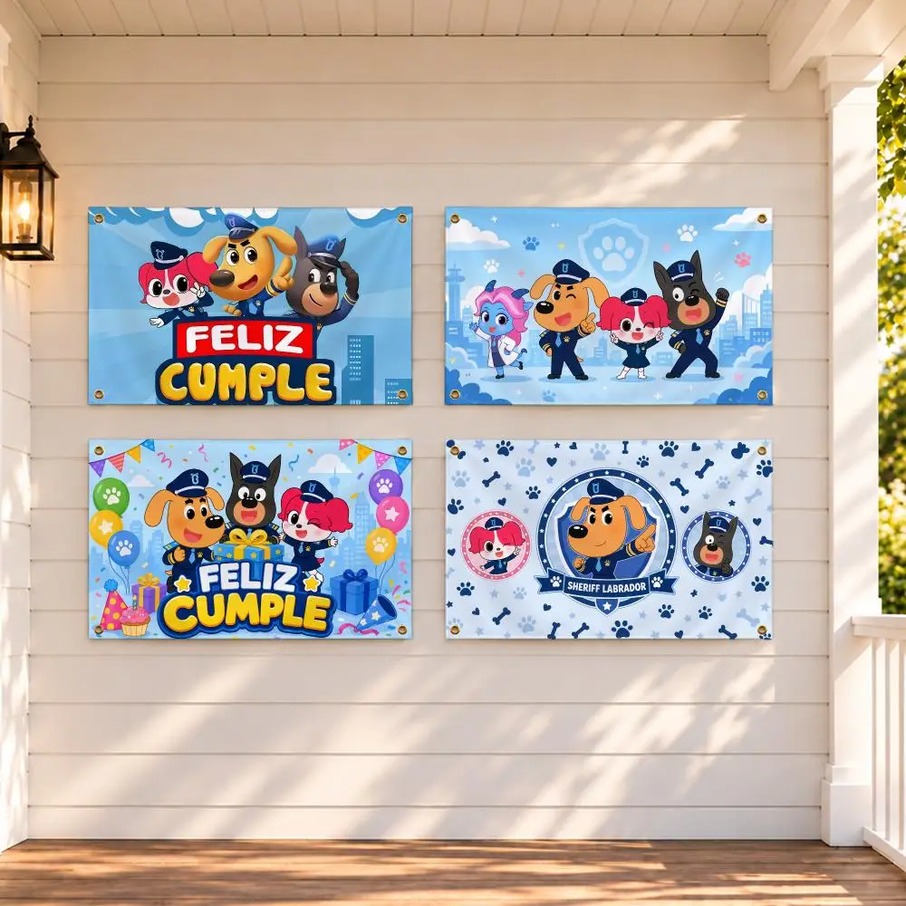 Cartoon Safety Sheriff Labrador Flags Fabric Pennant Banner, Indoor Outdoor Decor for Garden Yard Camping Birthday Bedroom
