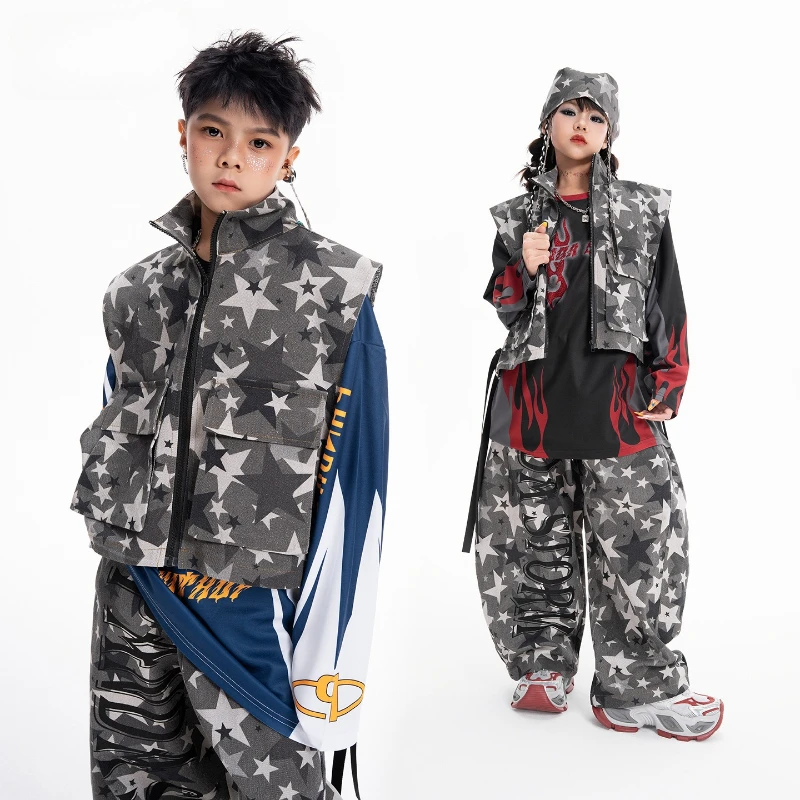 

New Boys Hip Hop Street Dance Clothes Cool Camouflage Vest Pants Set Girls Jazz Performance Costume Group Stage Show Outfits