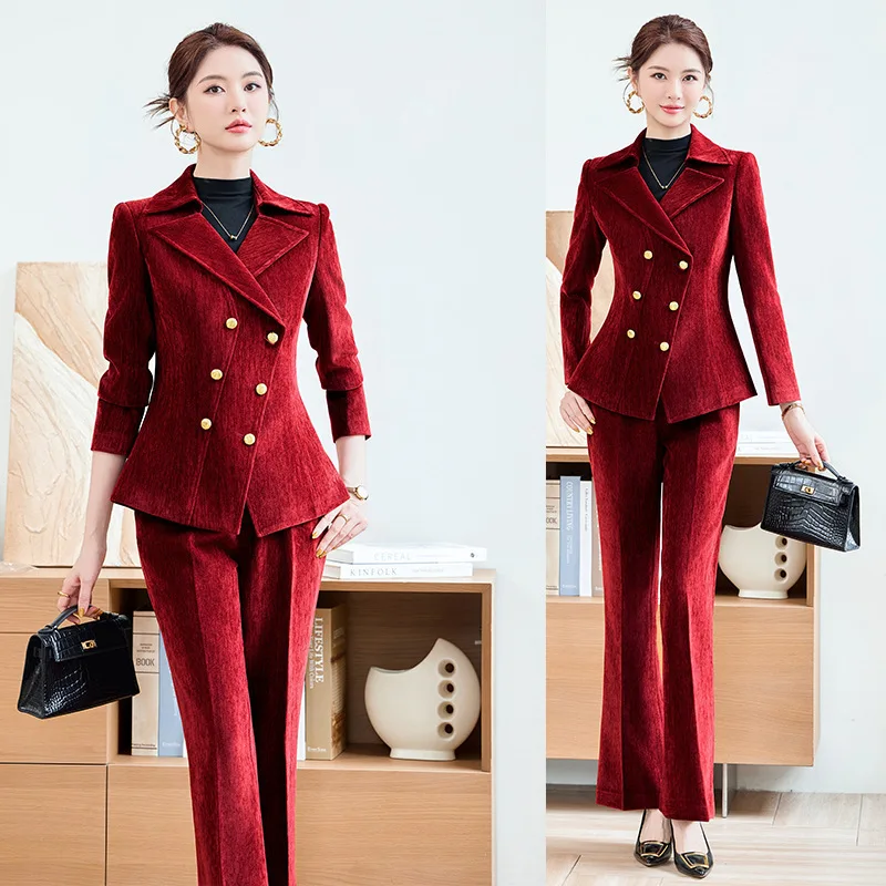 

Женский пиджак2025Новый красный бархатный утепленный теплый костюм из двух предметов, комплект элитной рабочей одежды