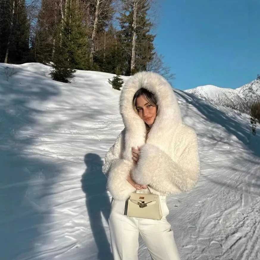 2026 Women Hooded Cropped Faux Fur Coat, White Plush Fluffy Warm Winter Overcoat