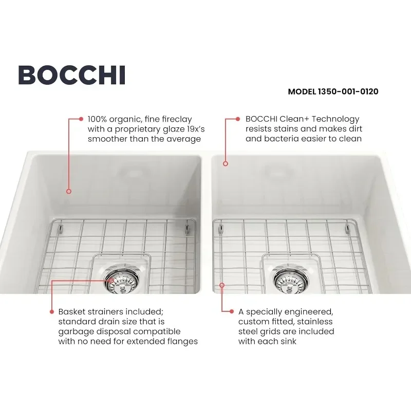 BOCCHI Contempo Farmhouse Apron Front Fireclay 36 in. Double Bowl Kitchen Sink with Protective Bottom Grid and Strainer in White
