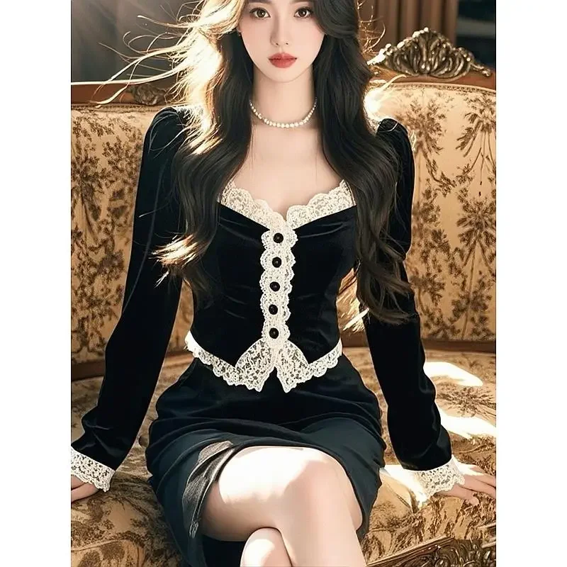 

Blusas Mujer De Moda 2025 Verano Elegantes Slim Crop Tops Vintage Clothes Black Blouse Velvet Shirts Chemise Femme