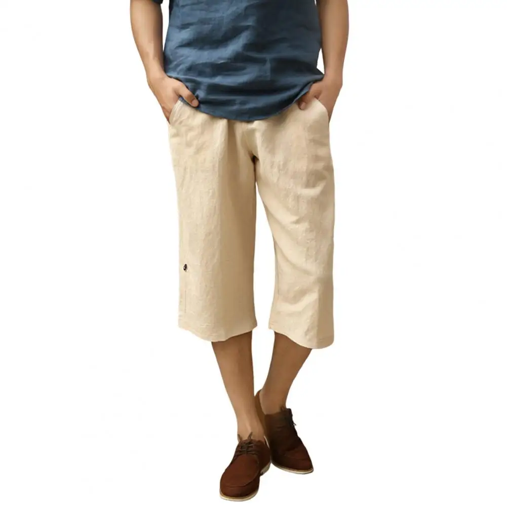 Soft Comfortable Men Pants Men's Cotton Linen 3/4 Pants with Pockets for Running Wear Breathable Gym Shorts for Beach Quick Dry