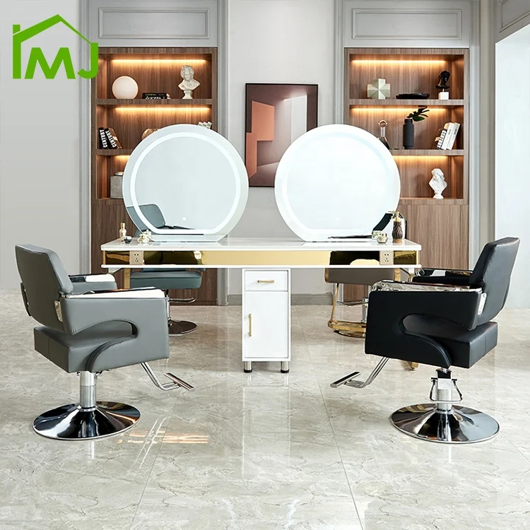 Beauty Salon Hair Dressing LED Mirror Makeup Station 4 Person Round Mirror Table