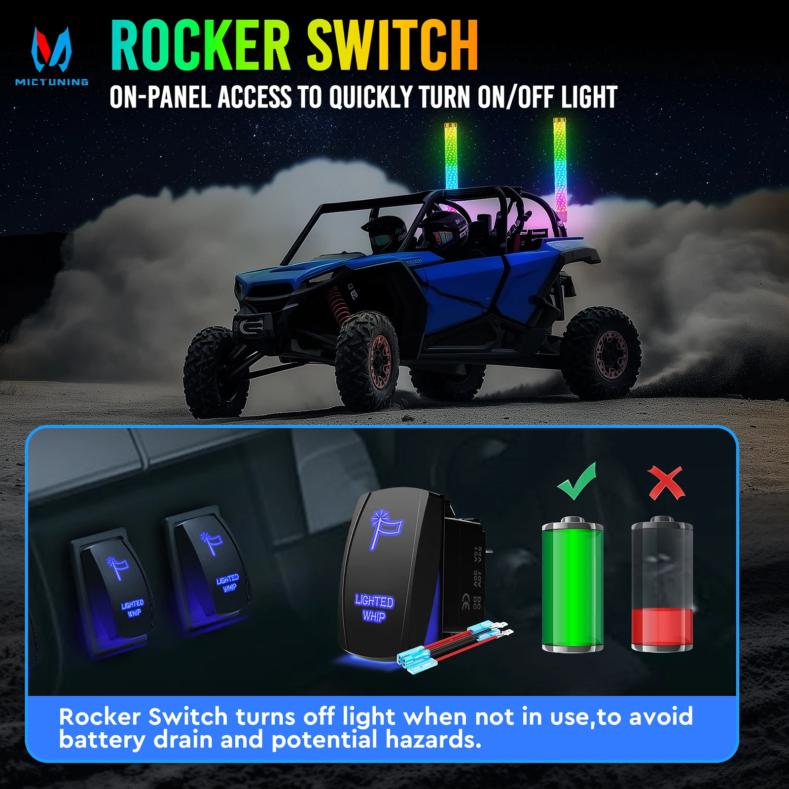 MICTUNING 2PCS 1FT LED Whip Light With Remote Control,RGB+IC Chasing Colors Flag Lights,360° Spiral Pattern For UTV ATV Boat