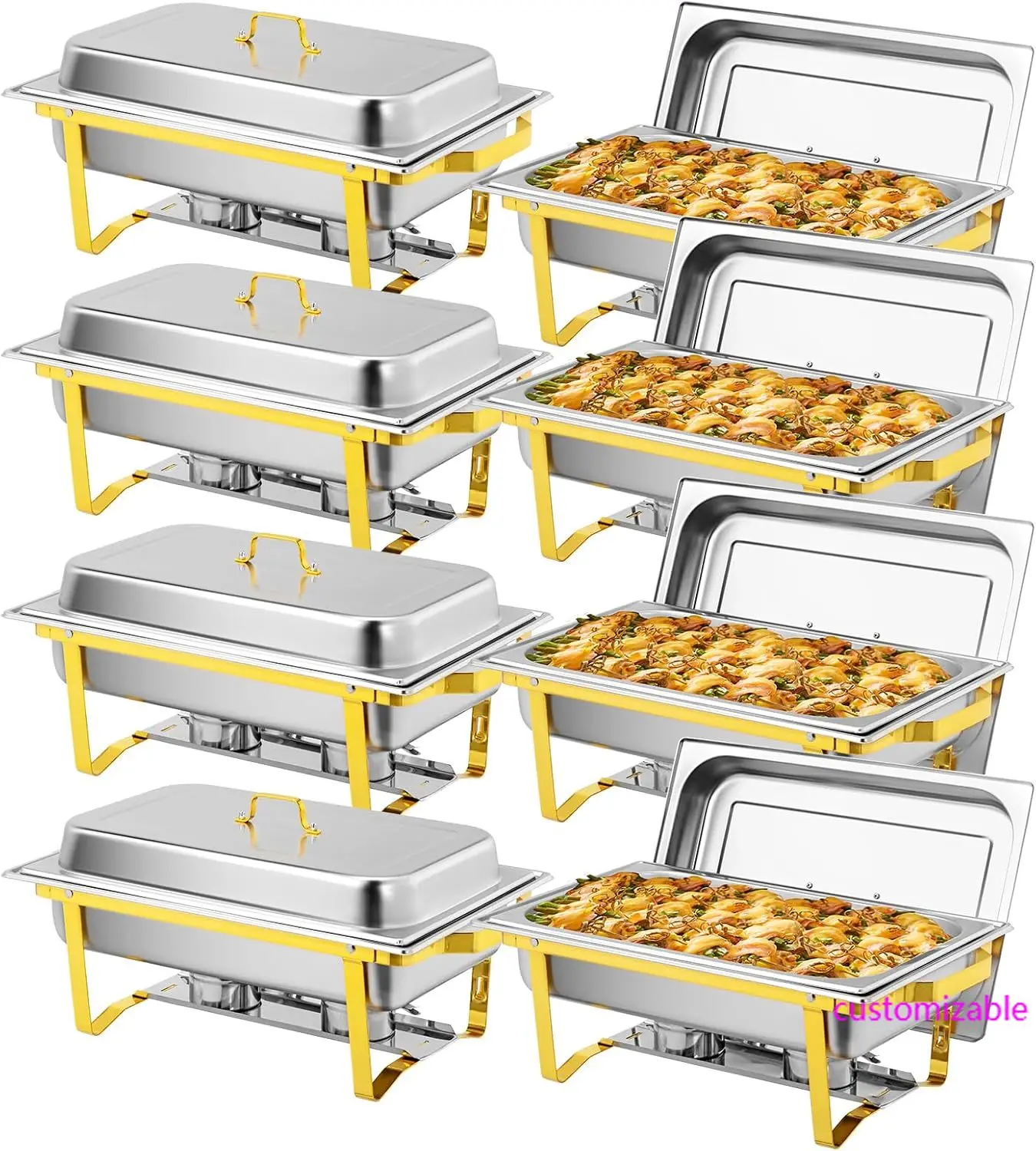

8 Pack Gold Chafing Dishes for Buffet, 9QT High Grade Chafing Dish Buffet Set, Rectangular Stainless Steel Chafers