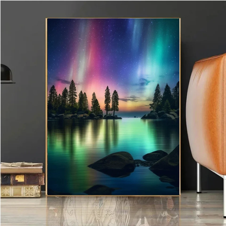 Diamond Art Aurora Borealis 5D Diamond Painting Lakes Landscape Full Drill Mosaic DIY Cross Stitch Diamond Embrodery V260