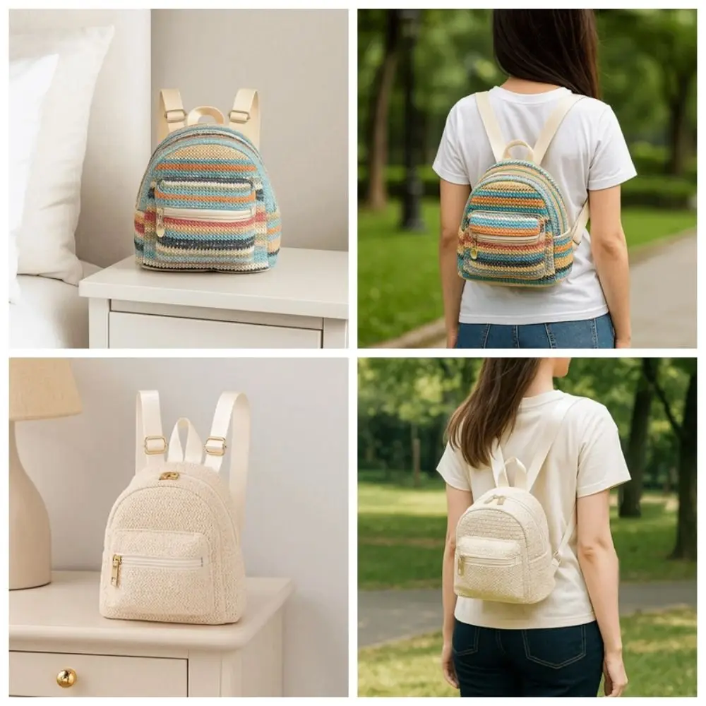 Portable Woven Small Backpack Lightweight Large Capacity Straw Weaving Backpack Polyester Multicolor Stripes Mini School Bag
