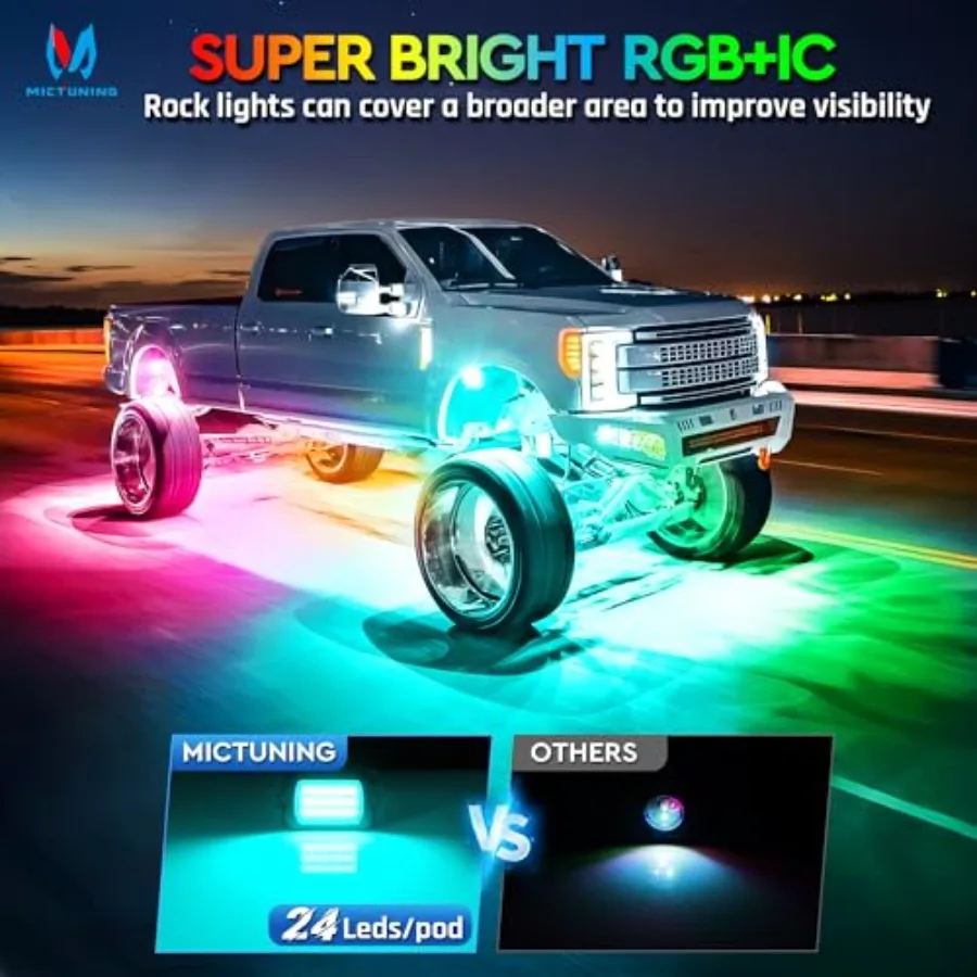 06 1000% Bright Q1 MAX RGB+IC LED Rock Lights 4 LEDs Chasing Dreamcolor Extensible Underglow Multicolor Neon Light Underbody Li