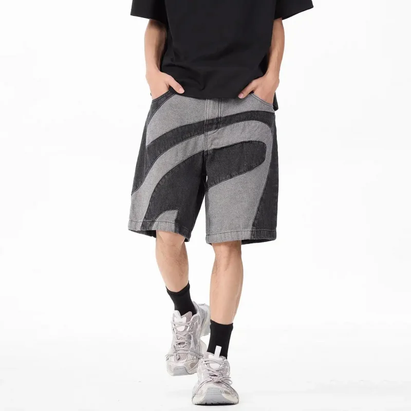 2026 Summer Wave Pattern Denim Shorts for Men, Streetwear Fashion, Loose Straight Cut, American Retro Vintage Style, Knee Length