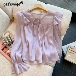 Women's Stylish Ruffles Lace-up Sweet Blouse Elegant V Neck Long Sleeve Chiffon Shirt Solid Loose Chic Tops Blusas Para Mujer