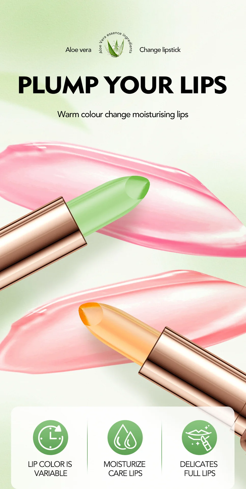 Aloe Temperature Changing Lipstick Balm. Infused with aloe extract, adjusts lip color with your lip temperature