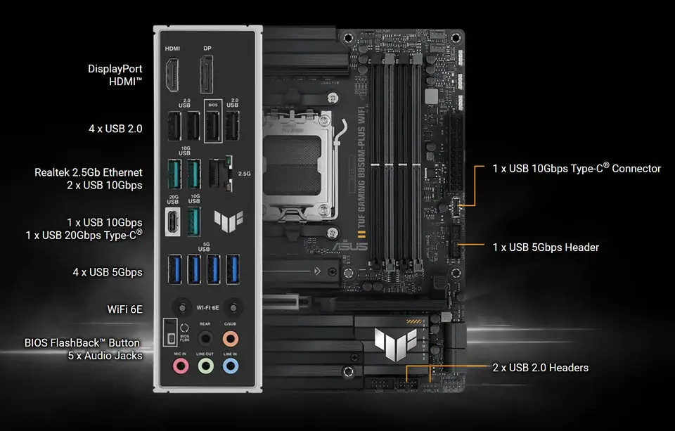 ASUS TUF GAMING B850M-PLUS WIFI Motherboard Socket AM5 CPU DDR5 8000+MT/s(OC) Memory Chipset B850 mATX Mainboard - 5