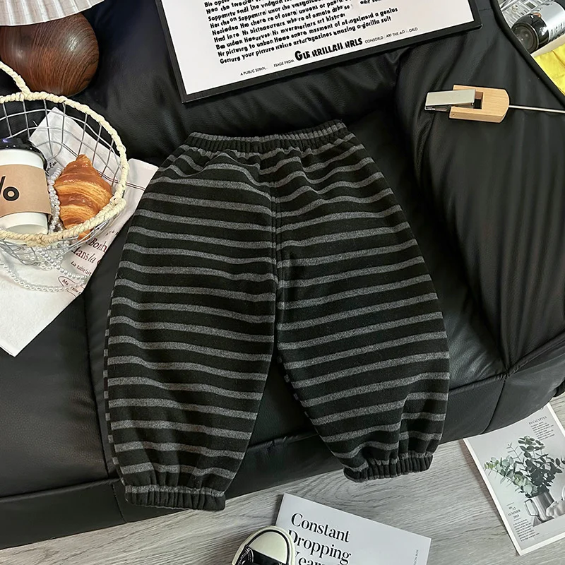 1453 Kids Fleece Lining Pants Autumn Winter Girls Thicken Plus Velvet Warm Trousers Baby Leopard Stripe Casual Harem Pants 1-8 Y