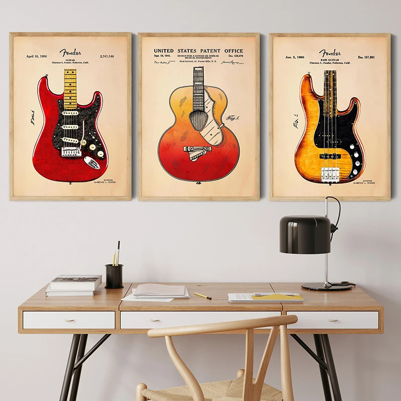 Acoustic Electric Guitar Blueprint Fender Stratocaster Music Poster Print Wall Art Pictures Canvas Painting Room Home Decor