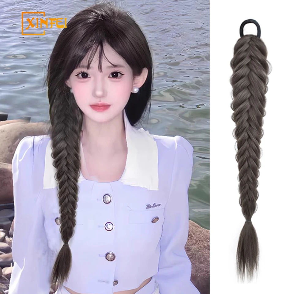 Synthetic Wig Women's Fluffy Natural Fishbone Braided Hair Sweet And Lovely Double Ponytail Hair Extension Wig Long Braid