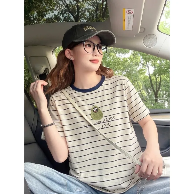 Thin Striped Embroidered T-shirt For Women In Summer Soft Waxy Contrast Collar Age-reducing Short-sleeved Belly-covering Top