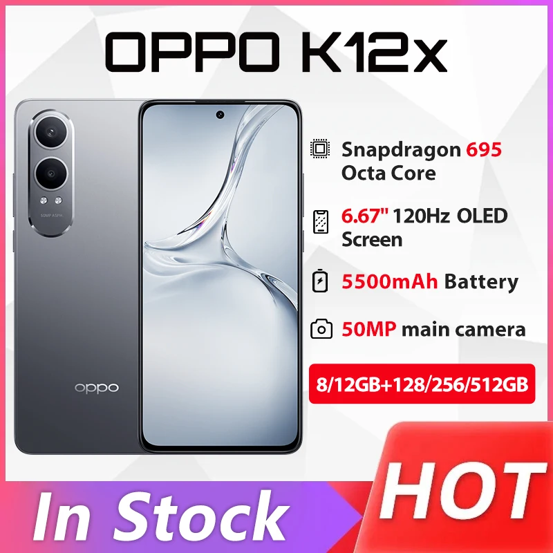 Novo smartphone oppo k12x 5g snapdragon695 50mp câmera traseira 6.67 ''oled 120hz 5500mah bateria 80w superooc ota atualização