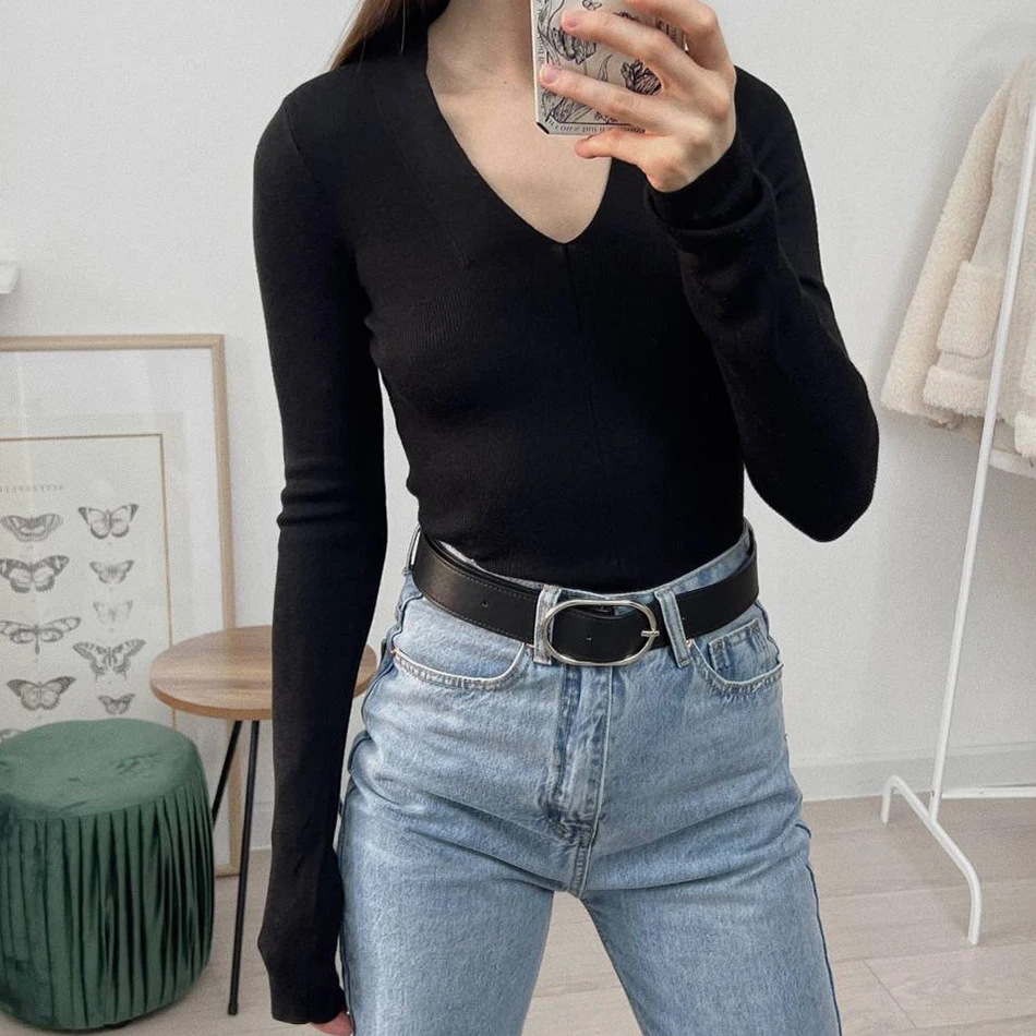 Light Weight Sweater Women V Neck Long Sleeve Knitted Tops S-XL