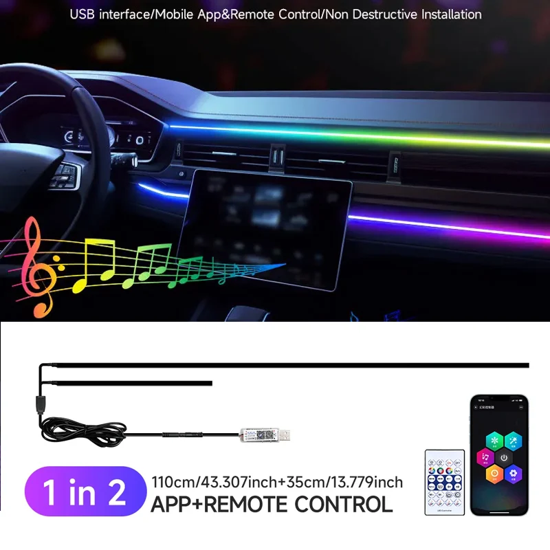 Car Center Console Illusion Ambient Light Dashboard Sound Rhythm Light Car Interior Mood Light Non-destructive installation USB