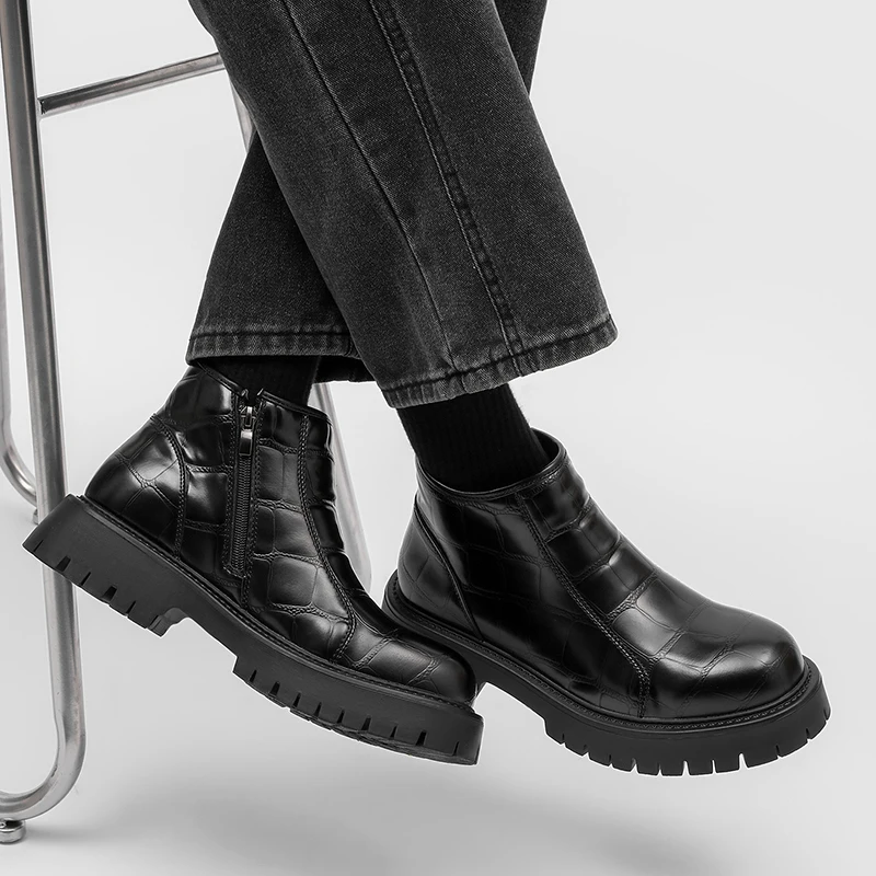Men Glossy Leather Square Toe Slip on Ankle Boots Thick Lug Platform Sole Wear Resistant Autumn Winter Street FashionCasualShoes view 6