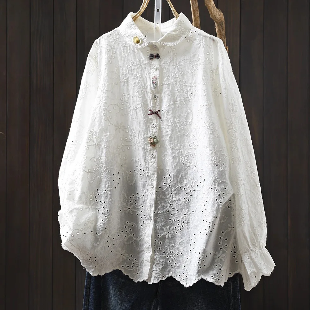 

Original brand women's clothing bohemian 100% cotton white embroidery shirts and blouses for women long sleeve tops