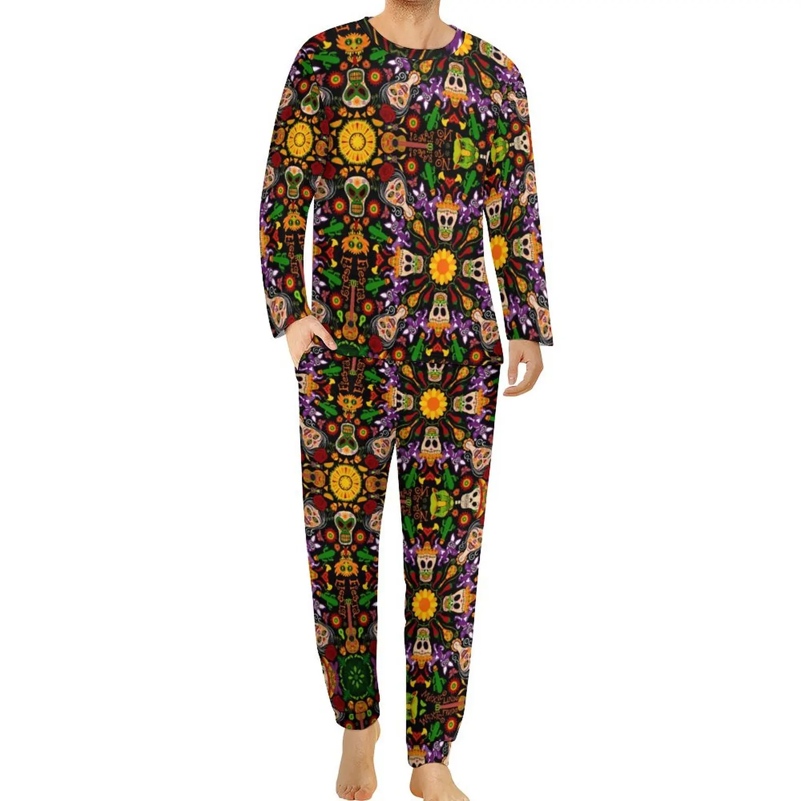 Abstract Mandala Print Pajamas Long Sleeves Mexican Style Two Piece Room Pajamas Set Spring Mens Design Oversized Nightwear