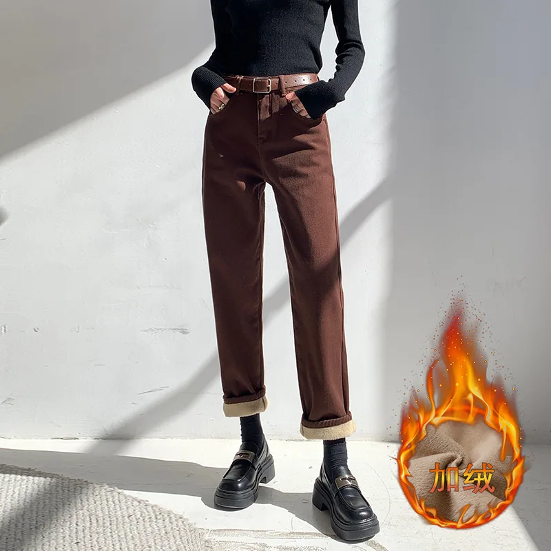 

2024 New Velvet Jeans Women's Loose Casual Autumn Winter A New High Waisted Nine Point Small Stature Slimming Carrot Harem Pants