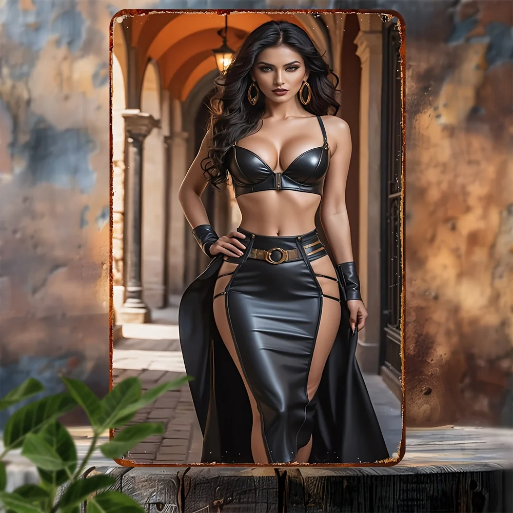 HD Metal Tin Sign, Stunning Woman in Black Leather Crop Top & High-Slit Maxi Skirt Vintage Poster, Gothic Fashion Cosplay Style