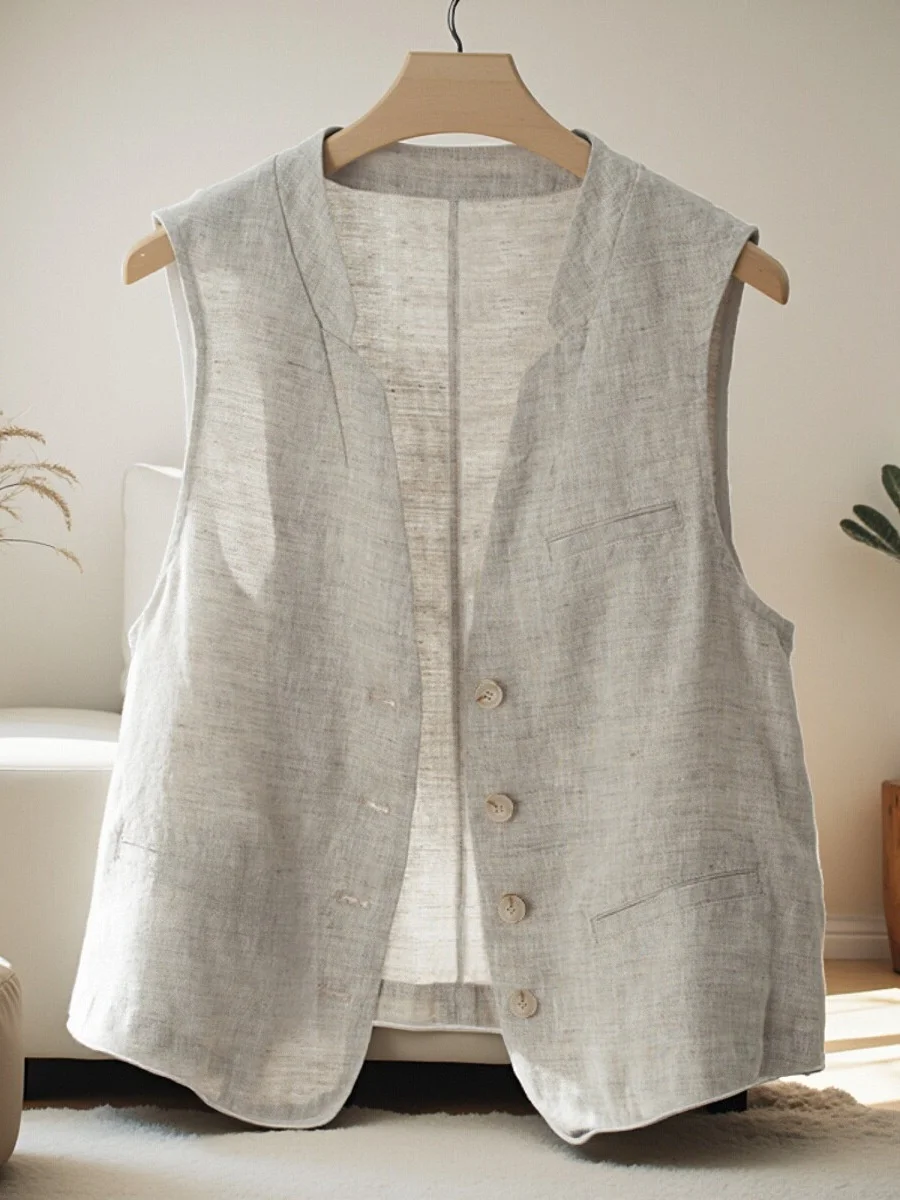 High-End Japanese Style Large Size Linen Sleeveless Vest Women Summer Loose Slimming Jacket Outerwear Comfortable Breathable