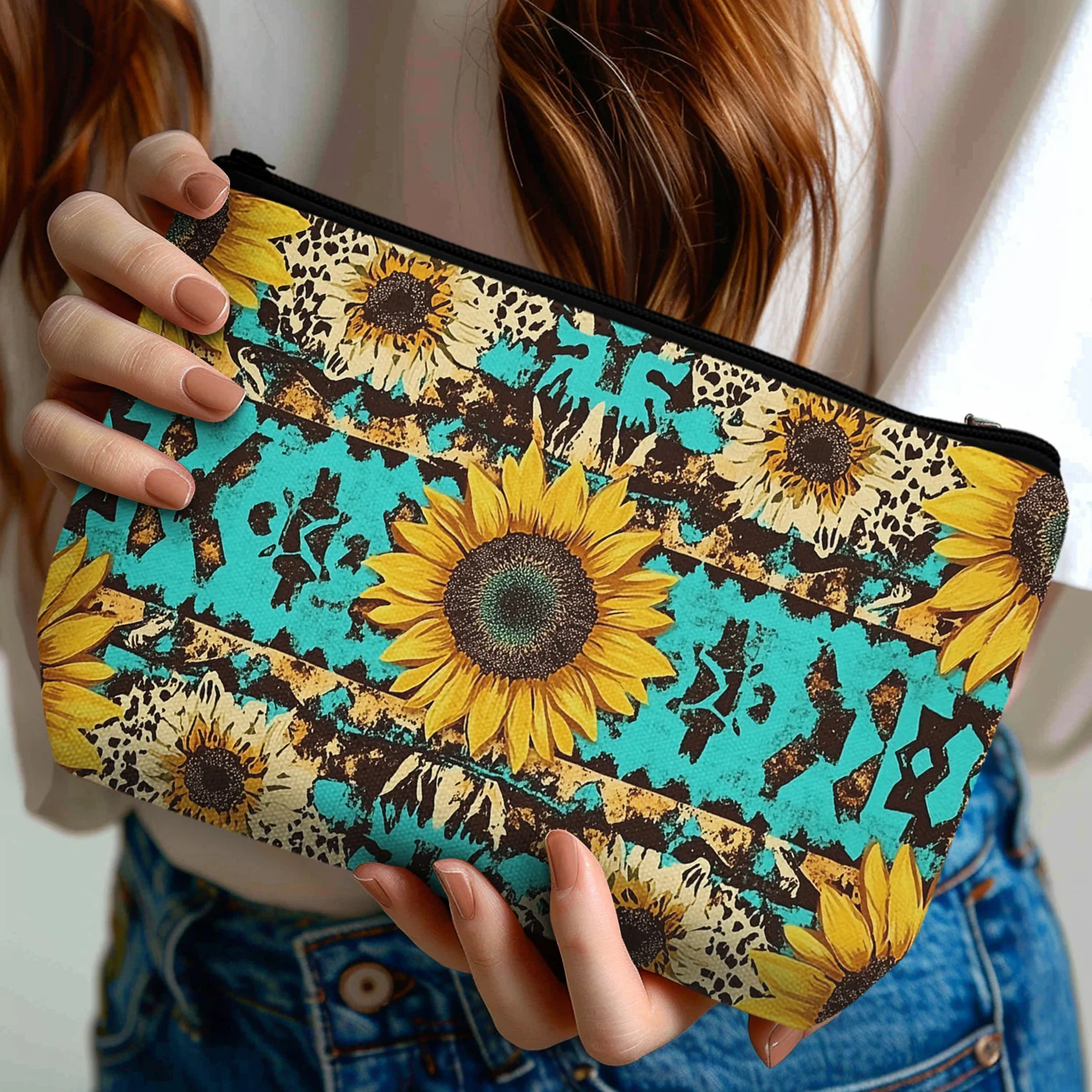 1 pezzo di arte del girasole interessante borsa per il trucco per le donne borsa da toilette da viaggio maniglia portatile spiaggia all'aperto