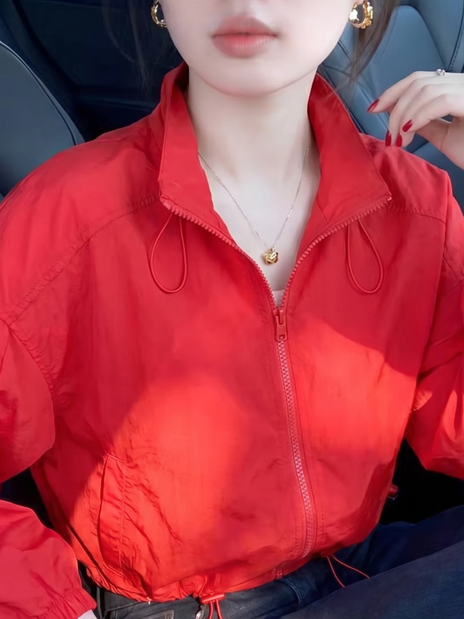 Red Lightweight Casual Loose Women's Spring Summer Short Coat High Waist Drawstring Stand Collar Protective Sunscreen Top