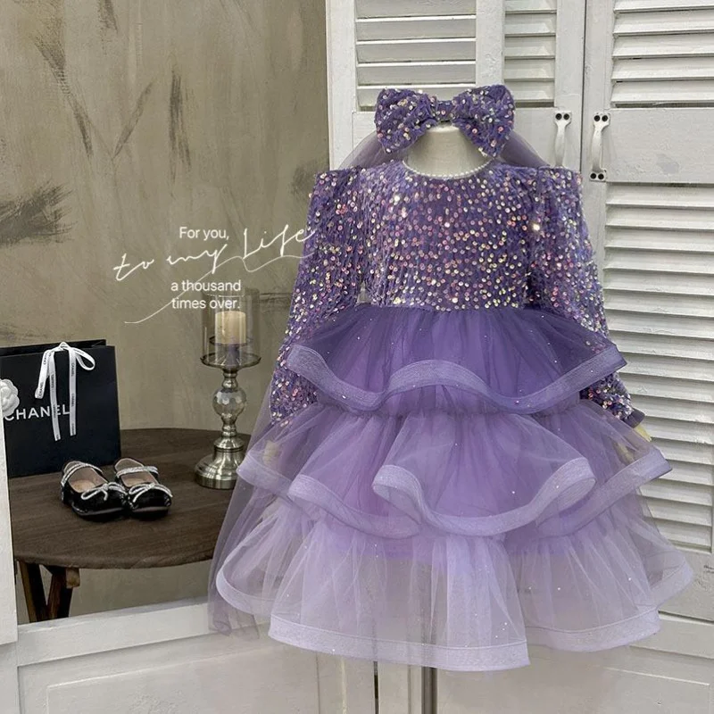 

Girls Luxury Long Sleeve Sequins Pageant Dress For Kids Wedding Birthday Party First Communion Puffy Ball Gown Prom Puffy Dress