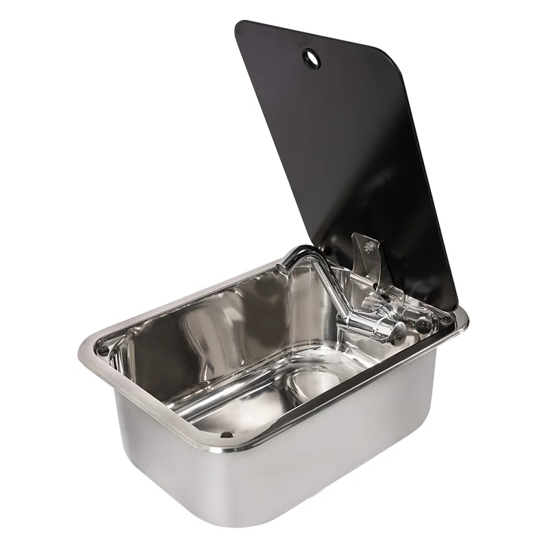 304 Stainless Steel RV Sink with Faucet and Tempered Glass Lid, Compact Caravan Campervan Motorhome Kitchen Basin