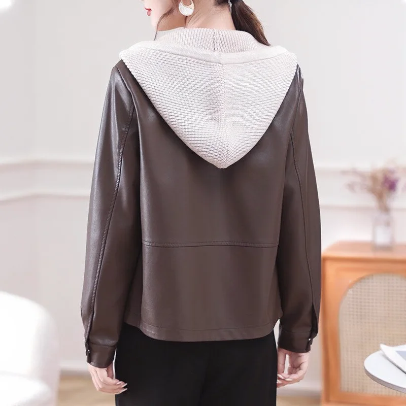 Women's Chic Leather Jacket 2026 Spring Autumn Short Outwear Fashion Stitching Loose Hooded Top for Casual Wear