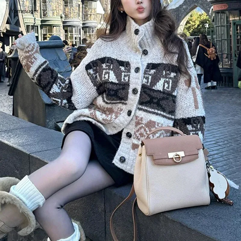 

Yomesugar женский жаккардовый вязаный свитер большого размера, модный кардиган с высоким воротом и длинными рукавами, утепленная верхняя одежда, уличная одежда