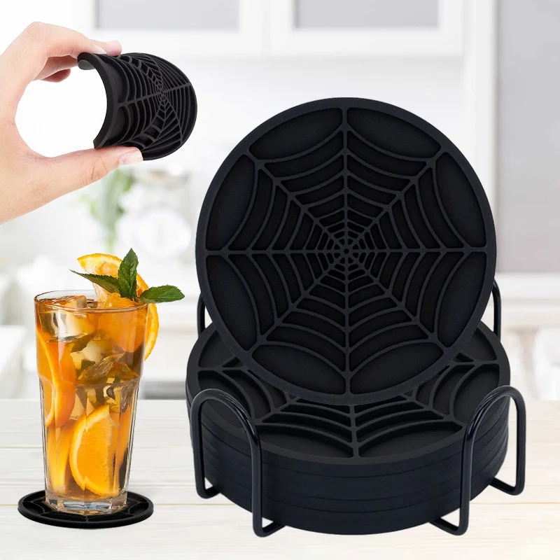 Halloween Spider Web Coasters for Cup Holders,2PCS  Non-Slip Silicone Ornaments Coasters, Automotive Cupholder Goth Accessorie