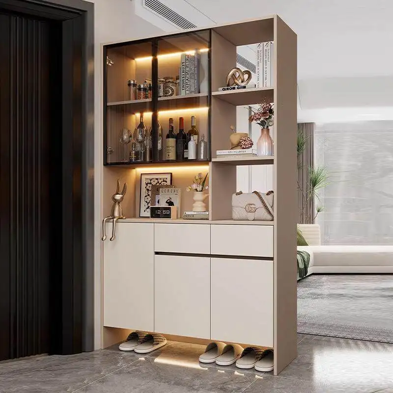 The entrance cabinet is opposite the door, screen partition,living room wine , storage is against wal